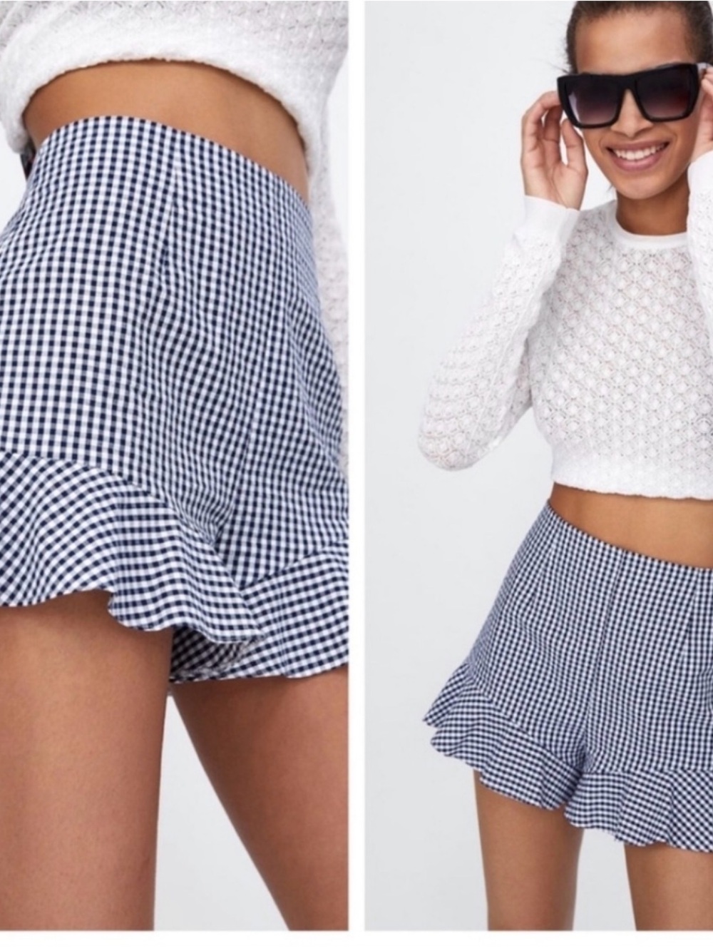 Zara Navy & White Gingham Ruffle-Hem Skort